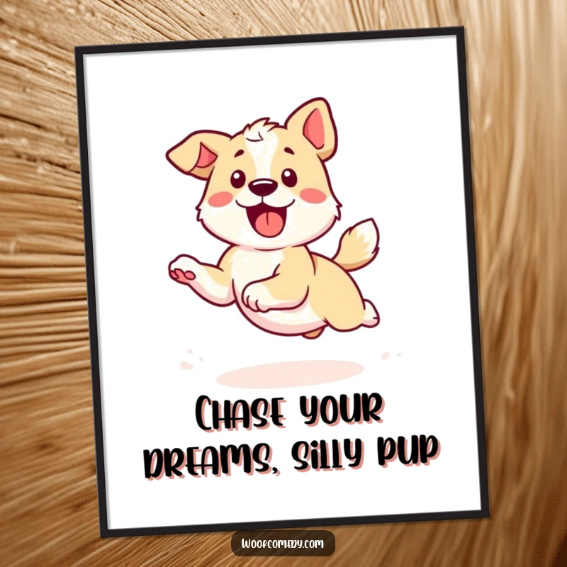 Funny Free Printable Wall Art: A kawaii dog shown in a dynamic pose, joyfully chasing its own tail with boundless energy and enthusiasm.