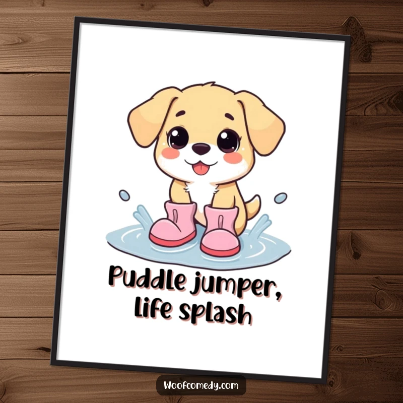 Funny Free Printable Wall Art: Adorable kawaii dog wearing comically large boots, joyfully splashing in a puddle.
