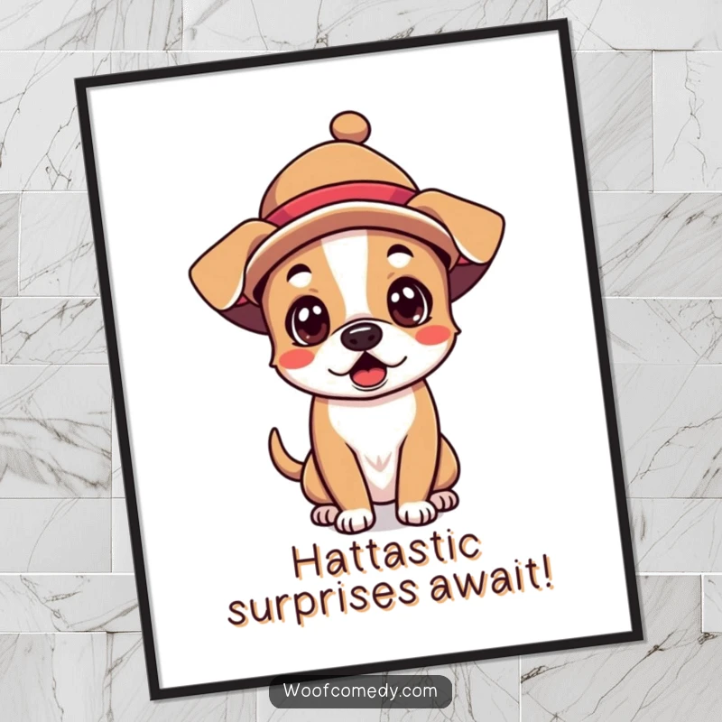 Funny Free Printable Wall Art: A kawaii dog in a comically funny hat, with a look of utter surprise, designed for quirky home decor.