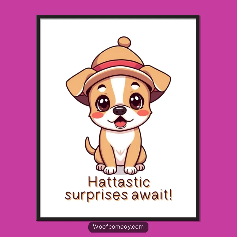 Funny Free Printable Wall Art: Surprised Kawaii Dog in Silly Hat - Quirky Downloadable Decor