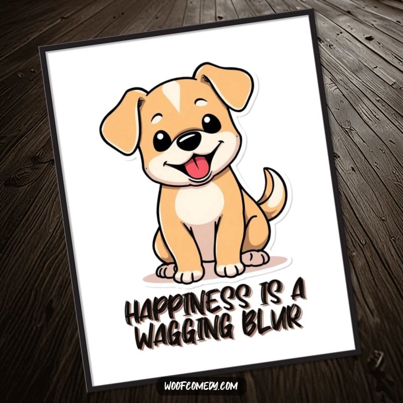Funny free printable wall art of a cute dog with big floppy ears, its tail wagging ecstatically.
