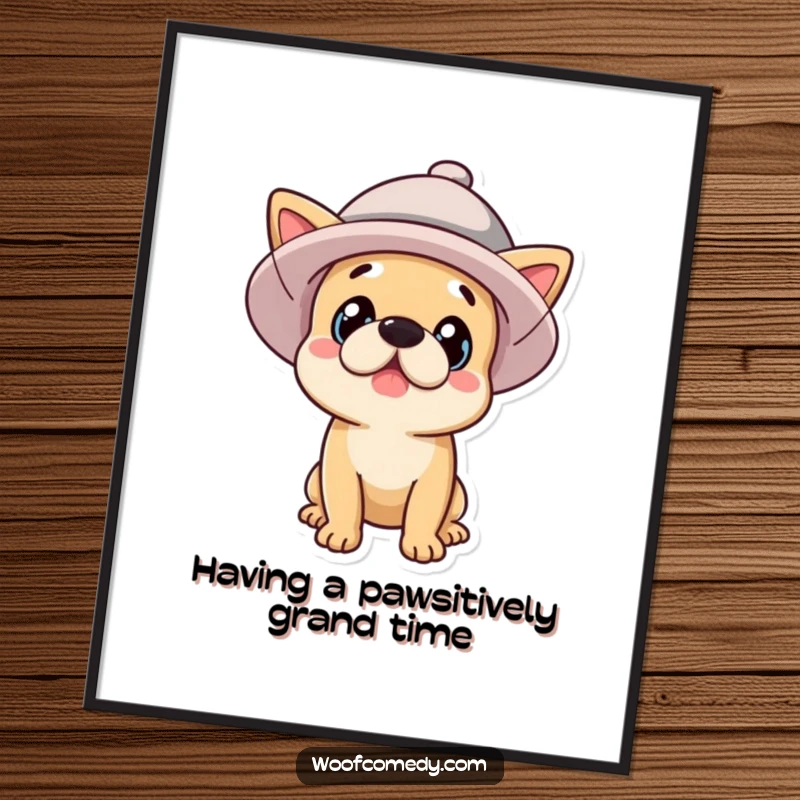 Funny Free Printable wall art: A surprised dog wearing an oversized, floppy hat, wide-eyed and ready for a laugh.