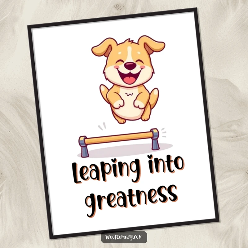 Funny Free Printable Wall Art: A happy dog energetically leaping over a small hurdle with pure glee.
