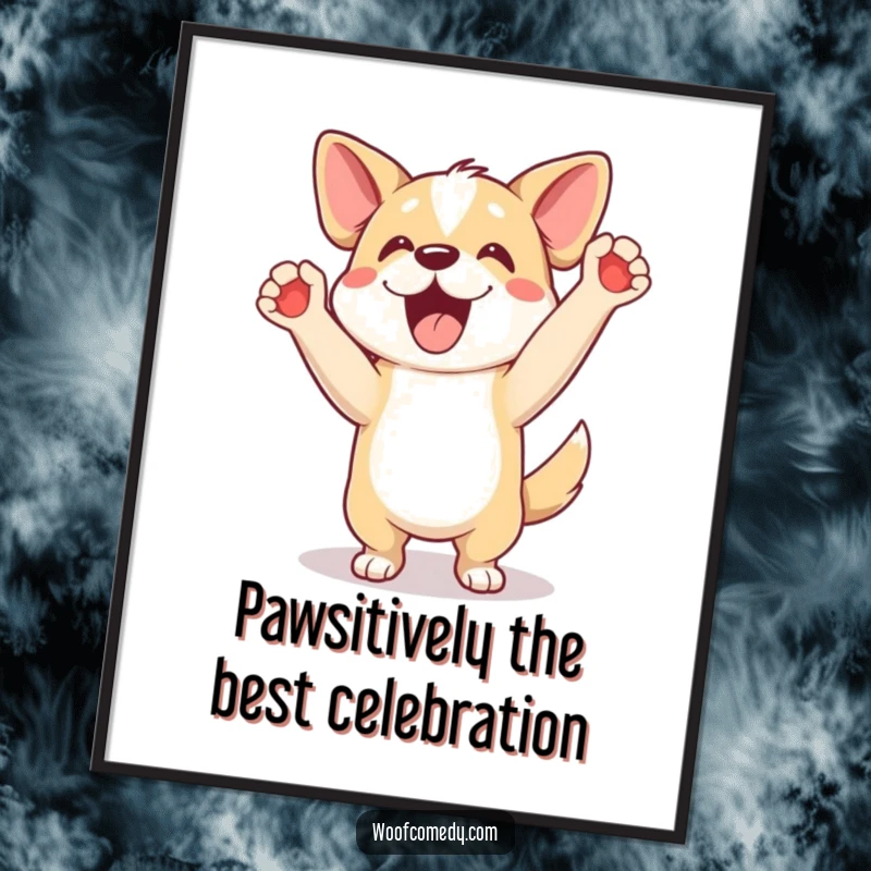 Funny Free Printable Wall Art of an extremely excited dog doing a full-on happy dance celebration with paws lifted.
