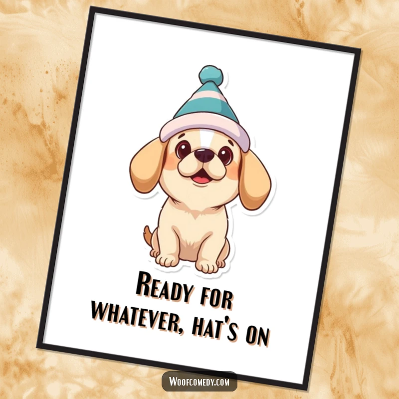 Funny Free Printable Wall Art: Dog wearing a silly hat, looking up expectantly with charming humor.