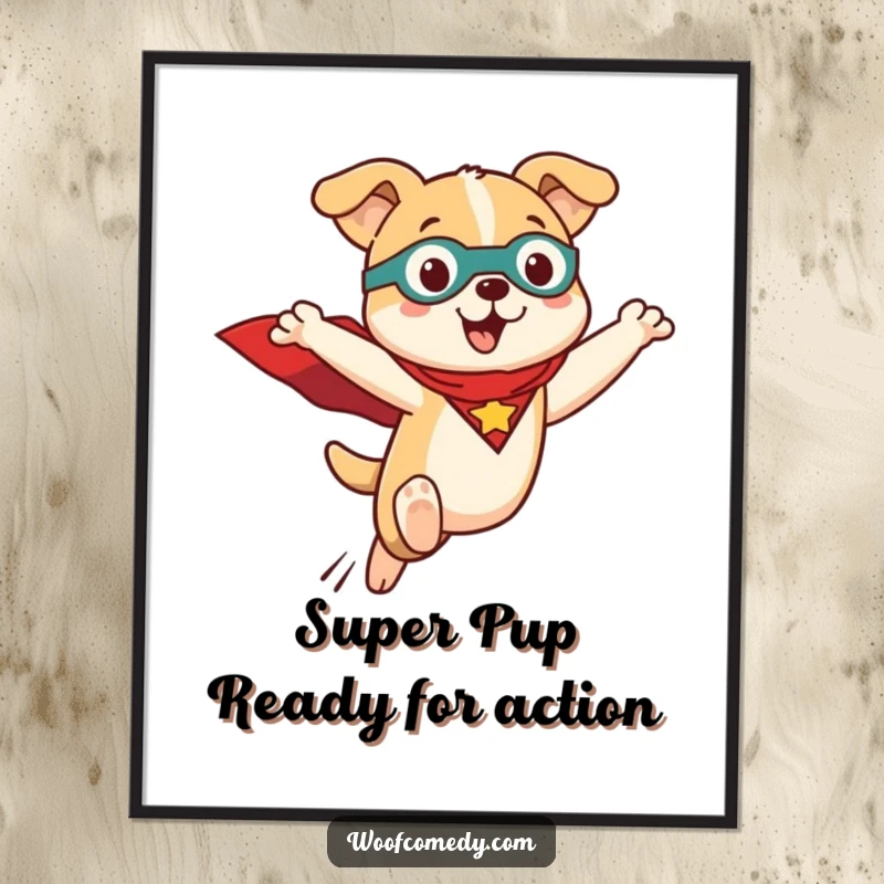 Funny Free Printable wall art of a Kawaii dog wearing a superhero cape, captured mid-leap, ready to save the day with incredible cuteness.