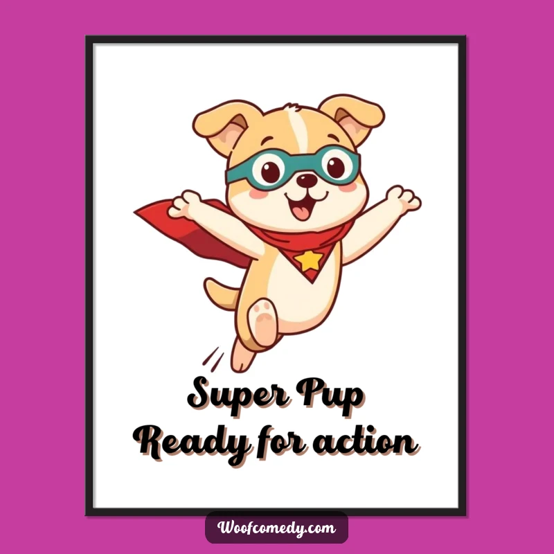 Funny Free Printable Wall Art: Kawaii Superhero Dog Leaping, Downloadable Cute Art