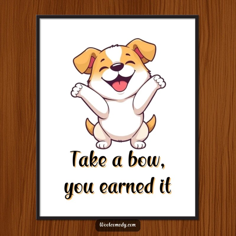 Funny Free Printable Wall Art: A happy dog doing an enthusiastic, playful bow, full of cheer, downloadable.