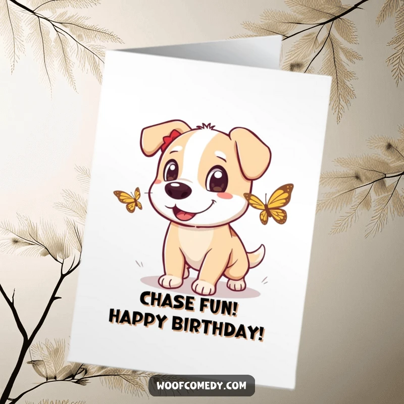 Funny Free Printable Birthday Card: Excited dog chasing a butterfly, bringing birthday fun.