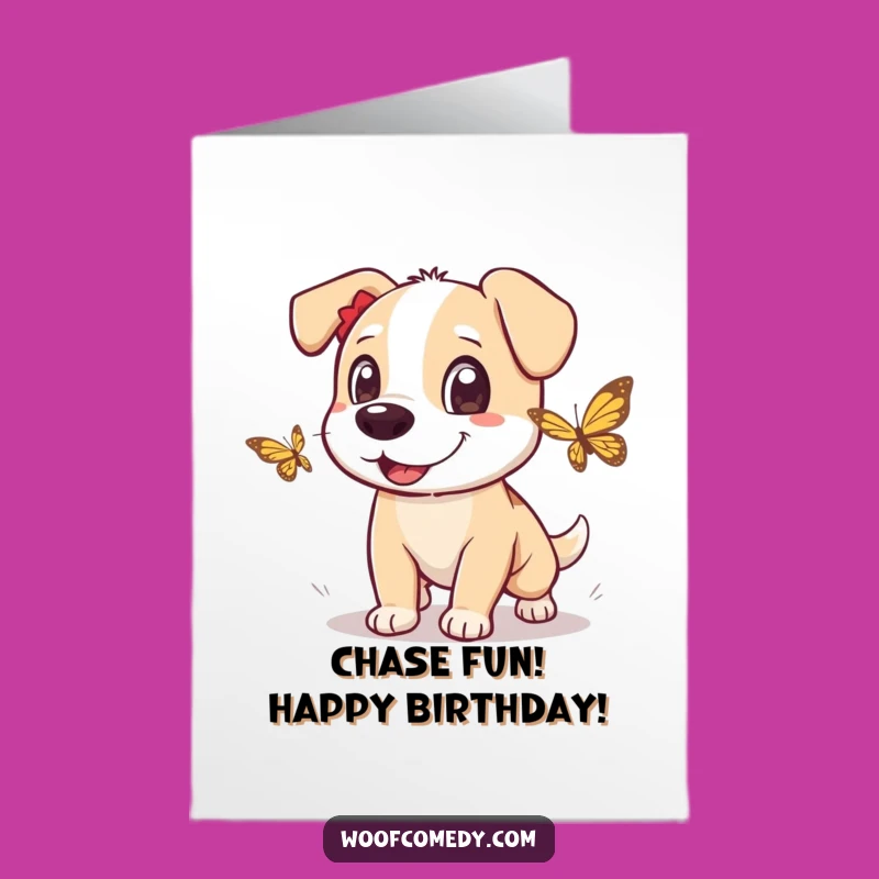 Free Printable Dog Birthday Card: Butterfly Chase Fun for a Joyful Celebration