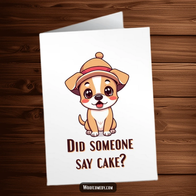 Funny Free Printable Birthday Card: A kawaii dog with wide eyes wearing a comically oversized party hat, looking utterly shocked and delightful.