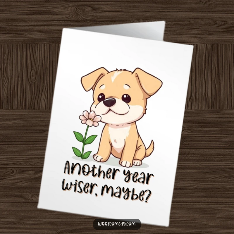 Funny Free Printable Birthday Card: A curious dog tilts its head while sniffing a flower, a picture of sweet inquisitiveness.