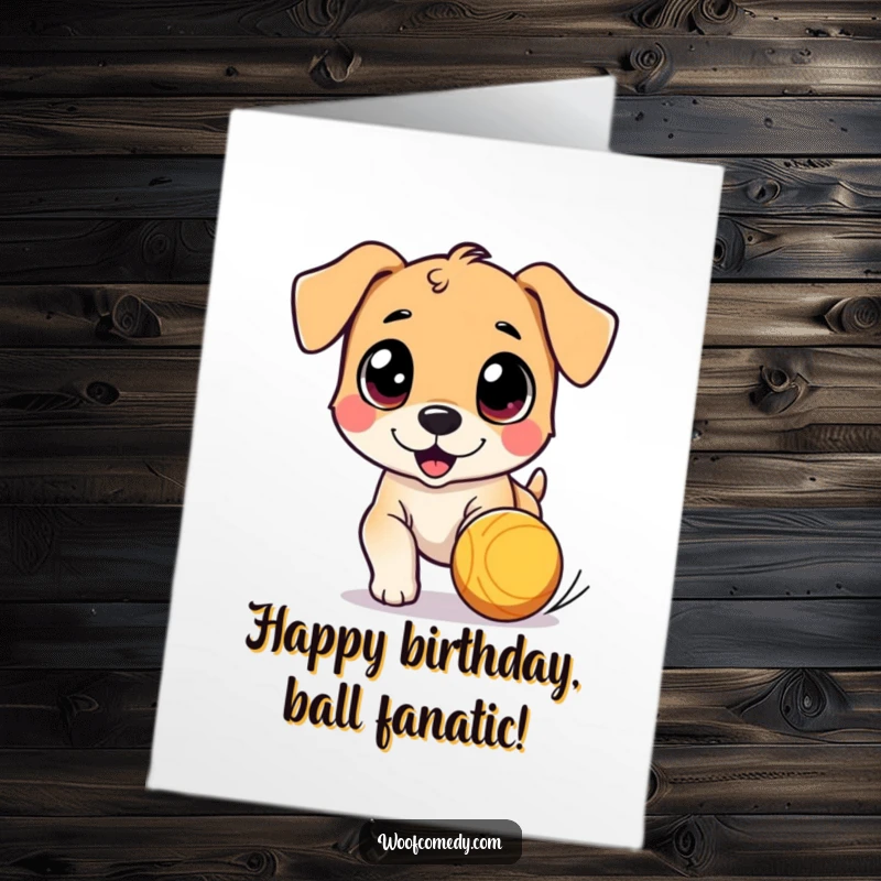 Funny Free Printable Birthday Card: Wide-eyed cute dog character joyfully chases a big bouncing ball, downloadable gift.