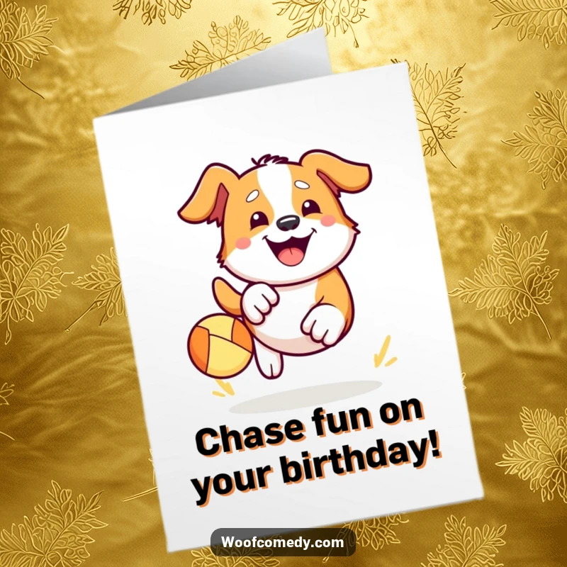 Funny free printable birthday card of a kawaii dog with a huge grin, enthusiastically chasing after a bouncy ball.