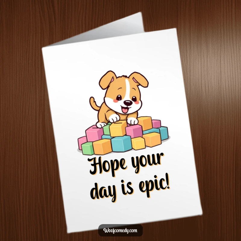 Funny Free Printable birthday card: An energetic dog enthusiastically digging in a pile of colorful children's blocks.