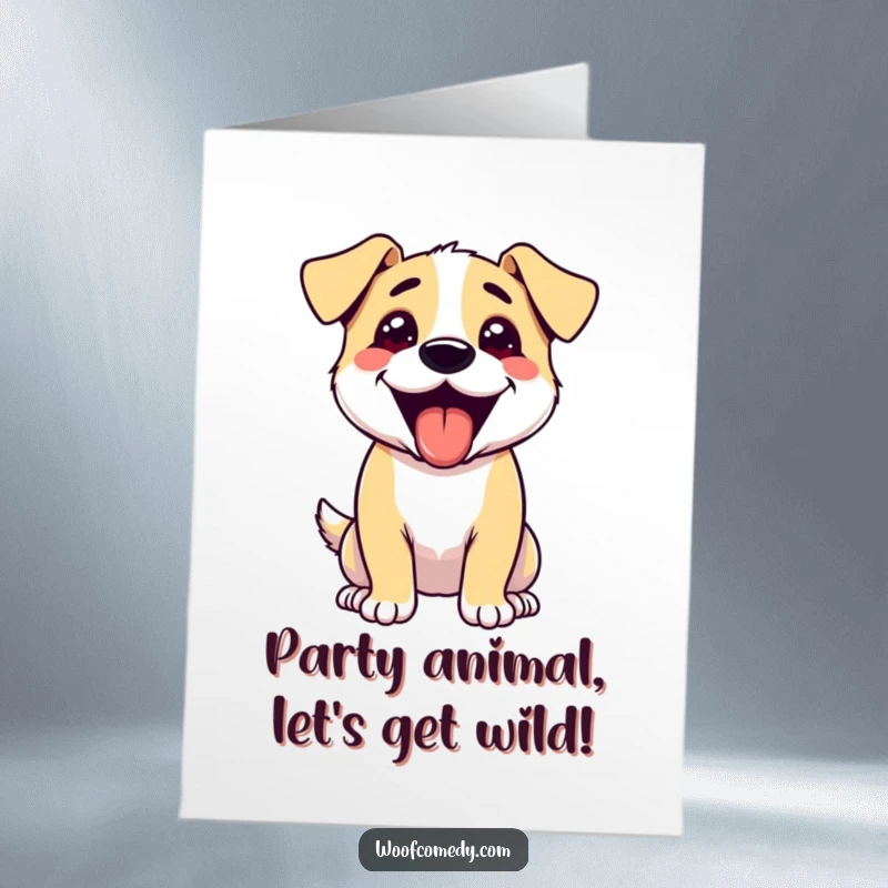 Funny Free Printable Birthday Card featuring an excited dog panting happily with its tongue out, ready to celebrate.