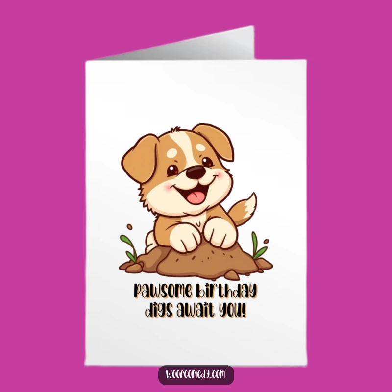 Free Printable Birthday Card: Funny Kawaii Dog Digging for Gifts, Downloadable & DIY