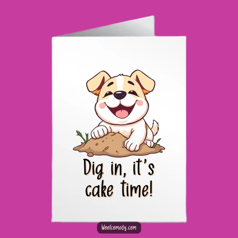 Free Printable Birthday Card: Grinning Dog Digging, Funny Downloadable Gift for Dog Lovers