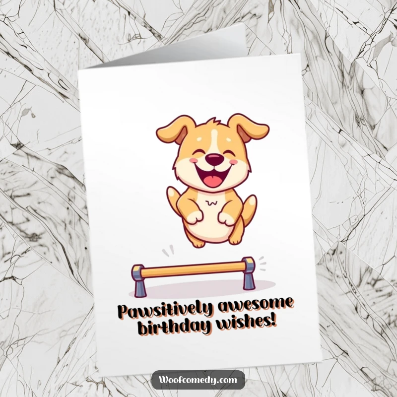 Funny Free Printable Birthday Card: A dog leaping joyfully over a hurdle, ready to celebrate your special day.