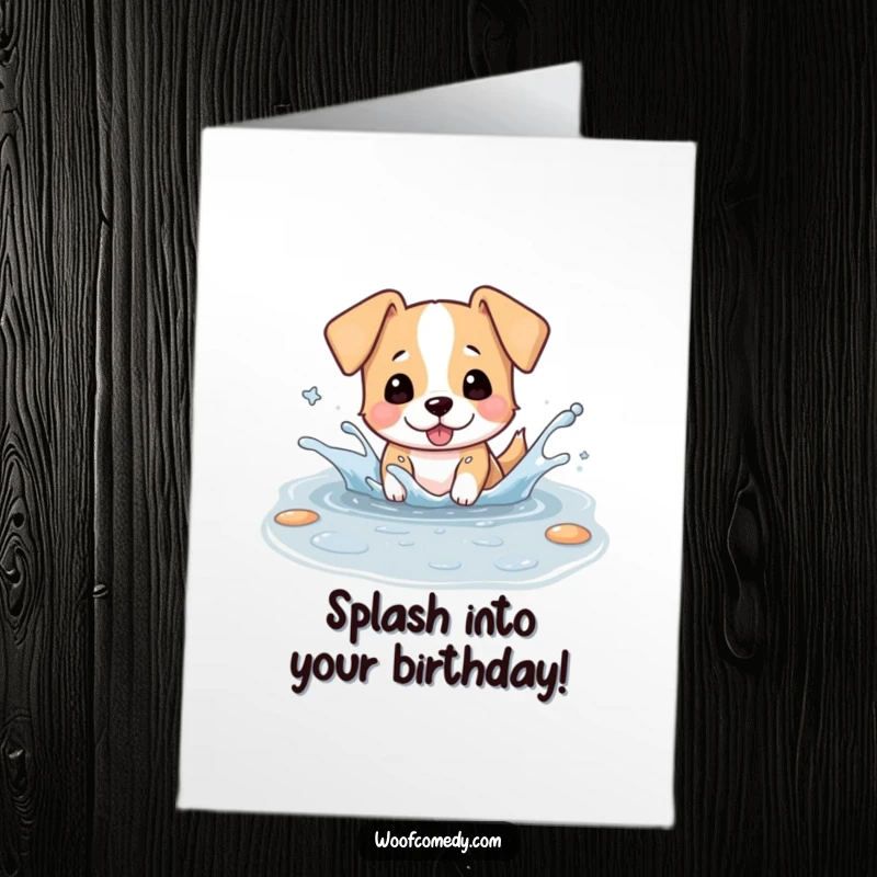 Funny Free Printable Birthday Card of a kawaii dog gleefully splashing in a puddle, ears flapping wildly with pure delight.
