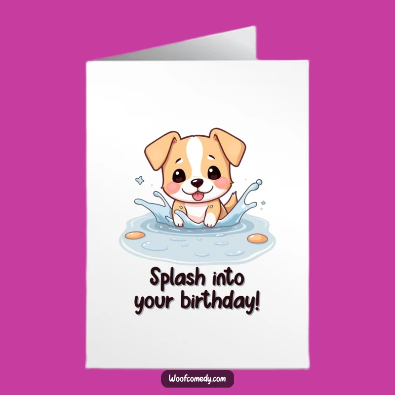 Free Printable Birthday Card: Playful Kawaii Dog, Splashy Fun Downloadable Gift
