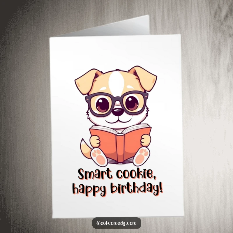Funny Free Printable Birthday Card featuring a kawaii dog wearing tiny glasses, engrossed in reading a large, thick book.