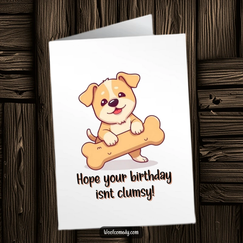 Funny Free Printable Clumsy Dog Birthday Card: Floppy-eared dog tripping over a big bone, great for a humorous greeting.
