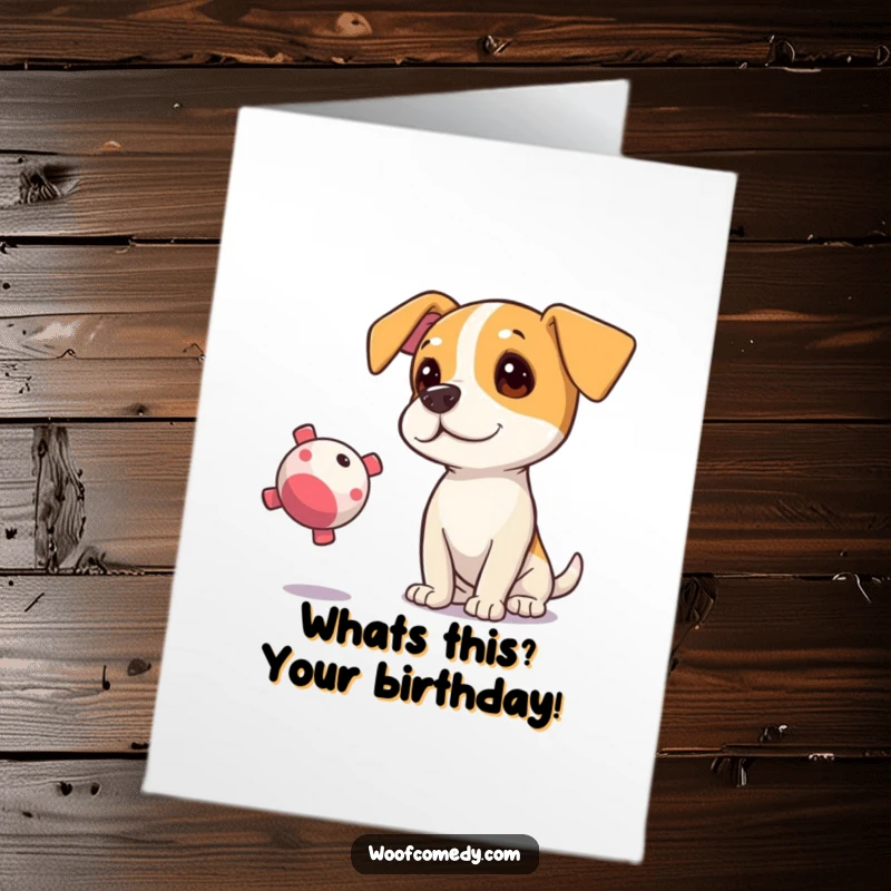 Funny Free Printable Curious Dog Birthday Card: Dog tilting head at a squeaky toy, perfect for a humorous birthday.