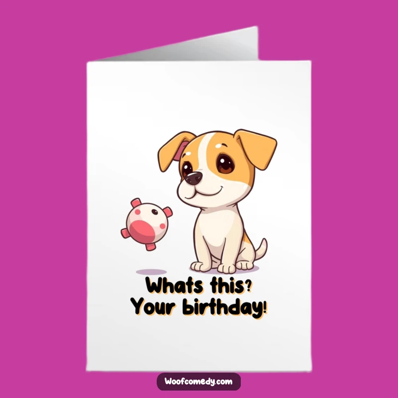 Free Printable Curious Dog Birthday Card: Funny Squeaky Toy Graphic for a Downloadable Gift