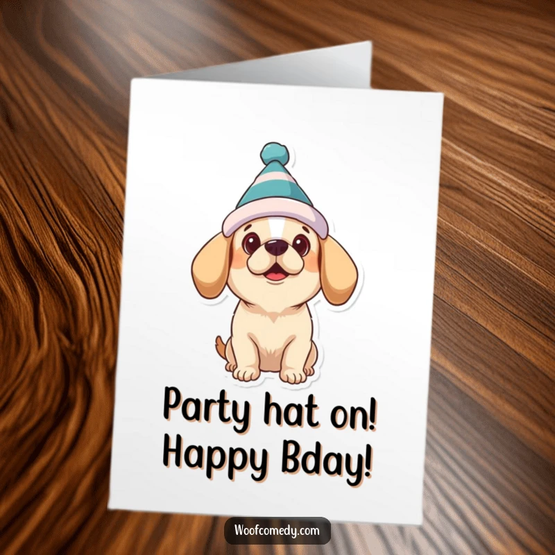 Funny Free Printable Birthday Card: Dog in a silly hat looking up expectantly, ready for birthday treats.