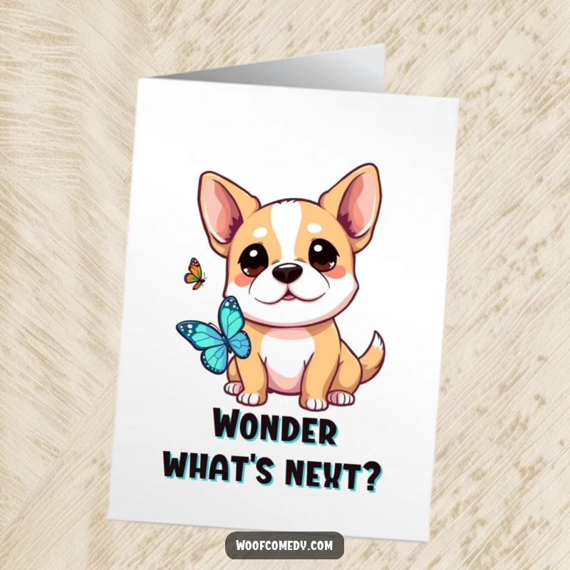 Funny Free Printable Birthday Card: A kawaii dog with attentive, perked ears gazes with curiosity at a beautiful butterfly nearby.