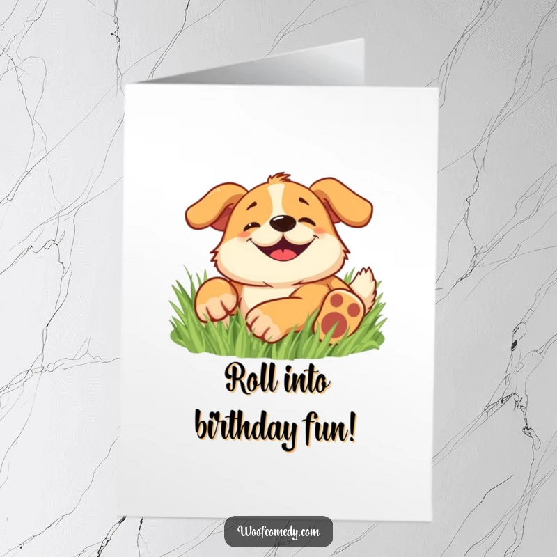 Funny Free Printable Happy Dog Birthday Card: Dog with goofy grin rolling in grass, perfect for a joyful birthday.