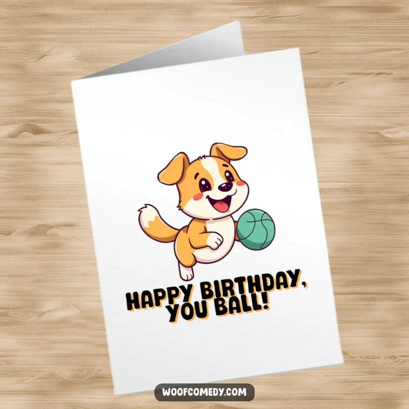 Funny Free Printable Birthday Card: a happy dog with a wagging tail running with a bouncy ball.