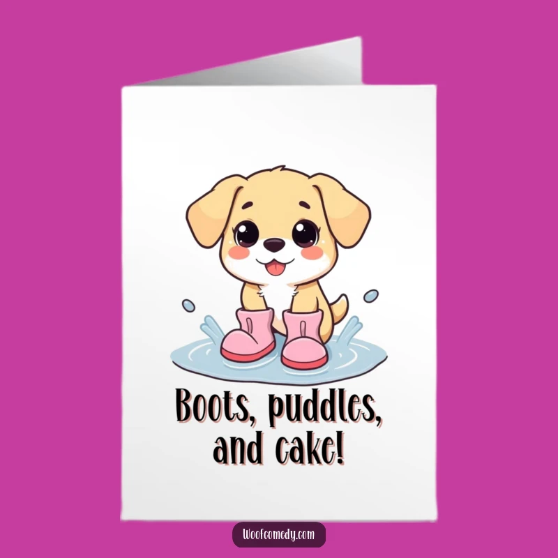 Free Printable Kawaii Dog Birthday Card: Funny Doggy Boots Splash - Downloadable Gift