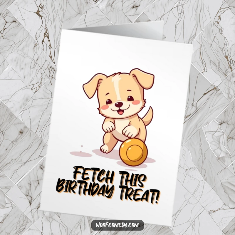 Funny free printable birthday card showing a small, happy dog with a wagging tail, fetching a bouncing ball.