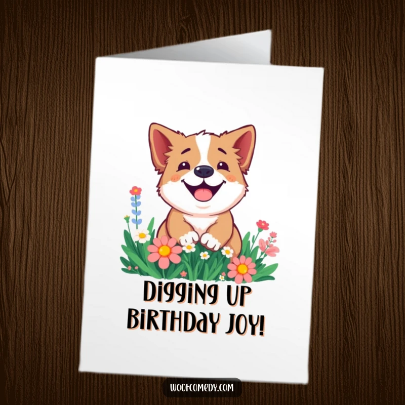 Funny free printable birthday card of a smiling dog joyfully digging a hole in a patch of colorful flowers.