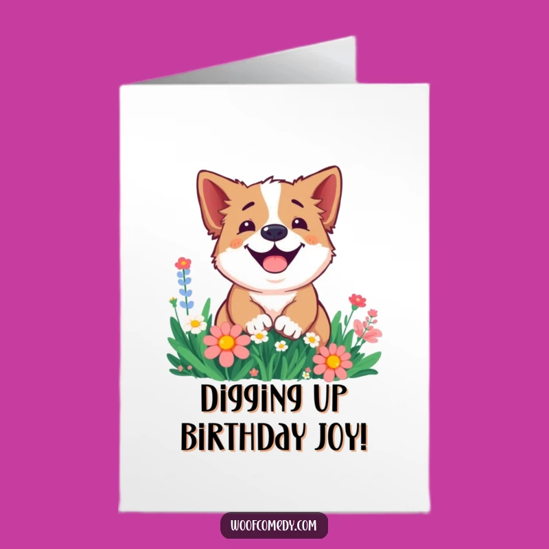 Free Printable Smiling Dog Birthday Card: Digging Flowers Funny Downloadable DIY Gift