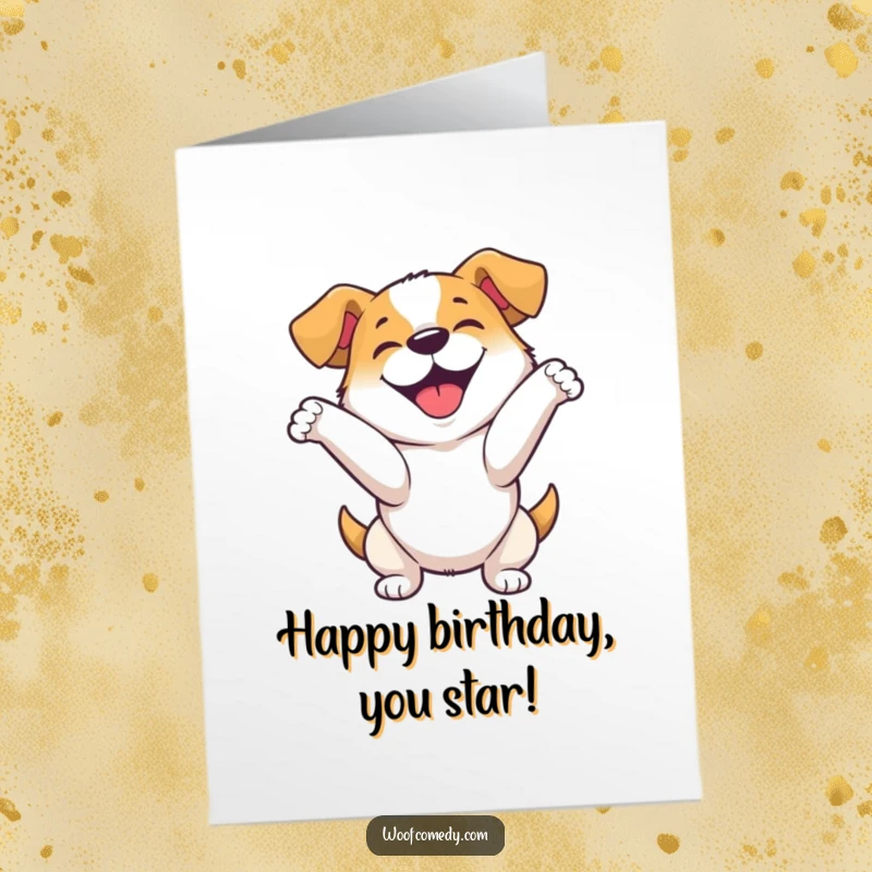 Funny Free Printable Birthday Card: Happy dog performs an enthusiastic, playful bow, full of joy, downloadable.