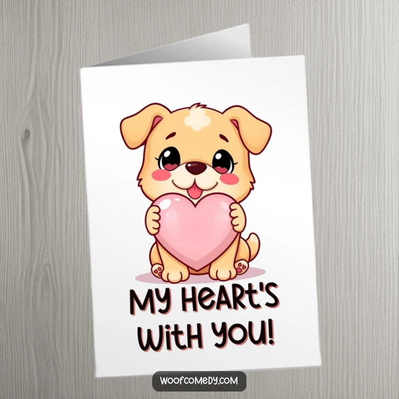 Funny Free Printable birthday card: A loyal dog gazes lovingly while offering a huge, bright, glowing heart.