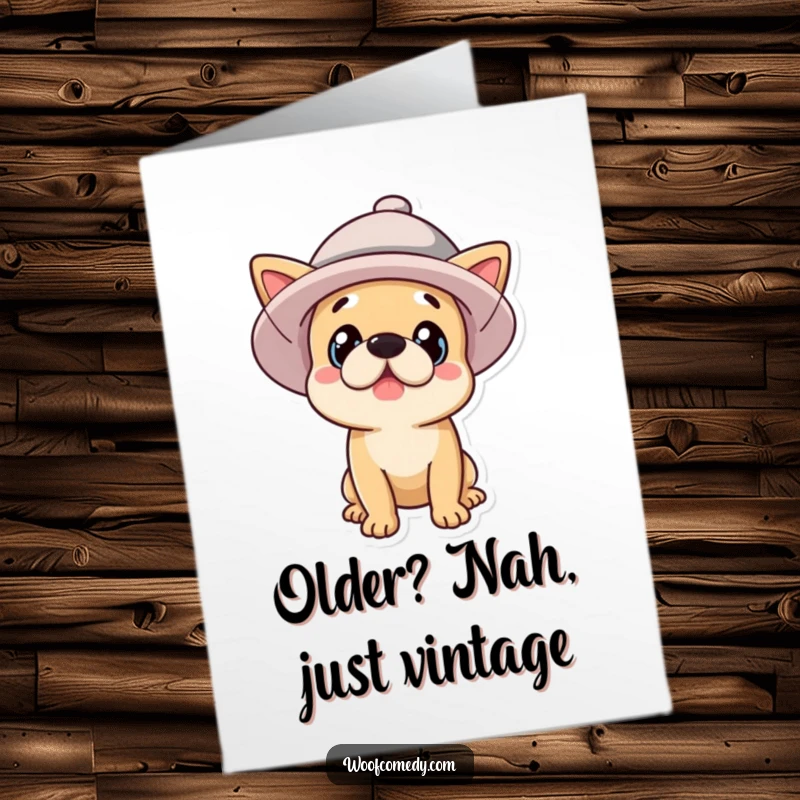 Funny Free Printable birthday card: A surprised dog wearing a comically large, floppy hat, looking wide-eyed.