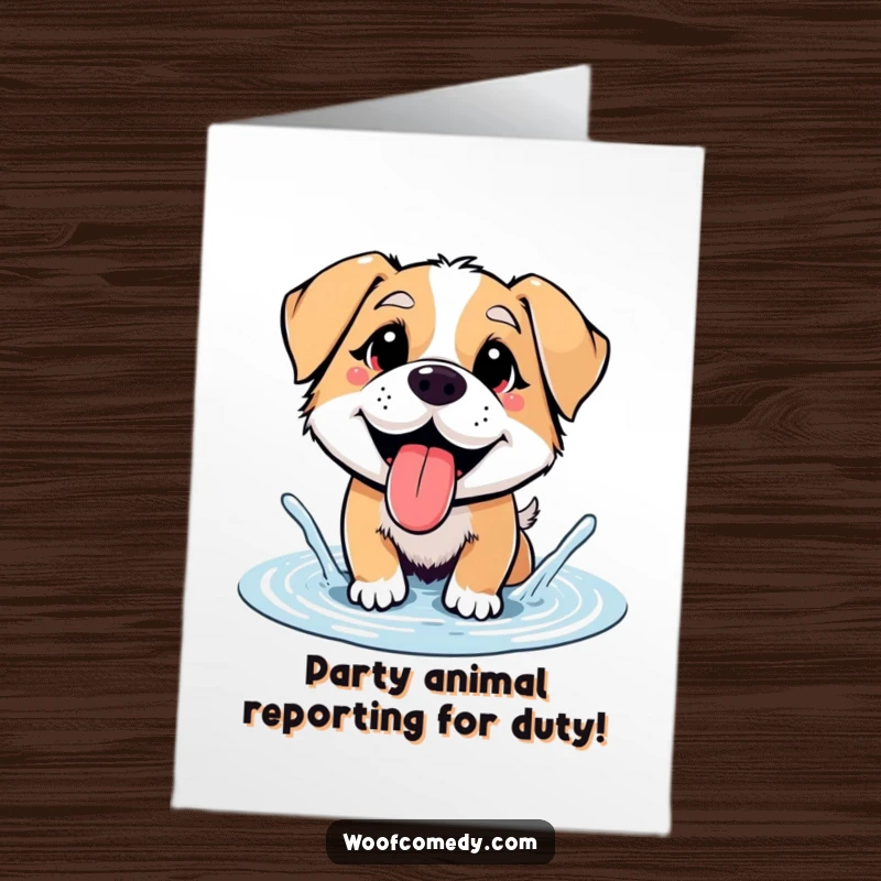 Funny Free Printable birthday card: A happy dog with its tongue lolling out, joyfully splashing in a small puddle.