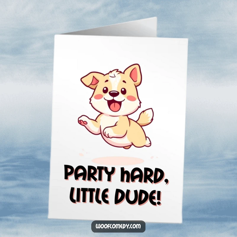 Funny Free Printable Birthday Card: A kawaii dog gleefully spinning in circles, enthusiastically chasing its own tail with pure joy.