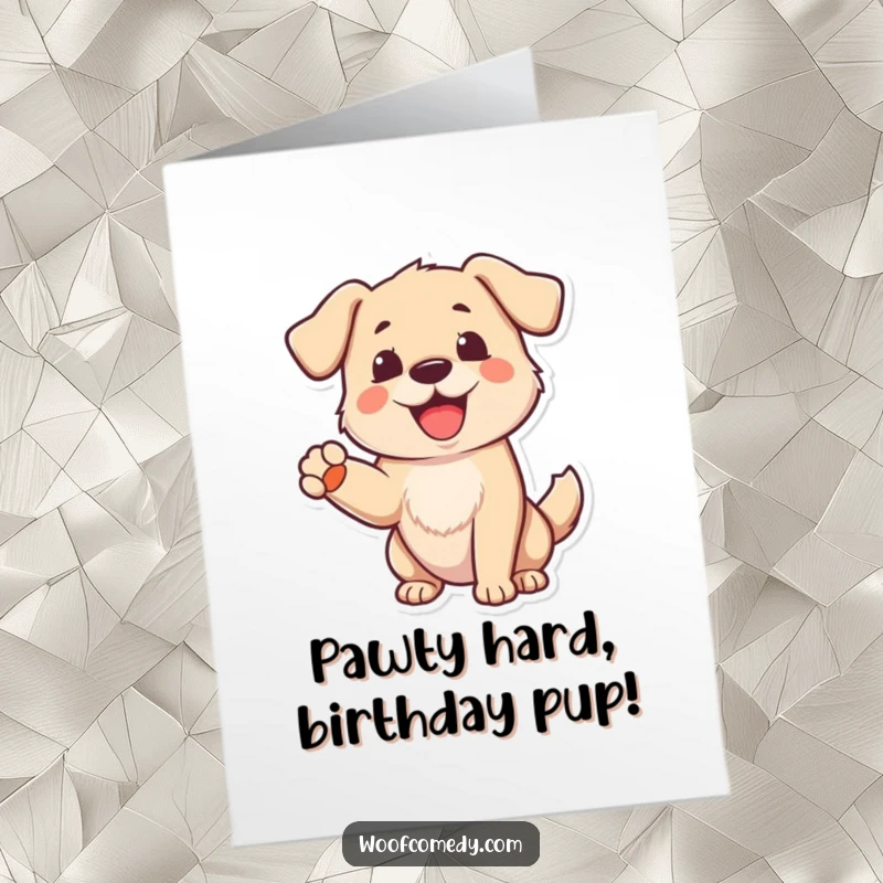 Free Printable Birthday Card: A cheerful dog with a raised paw and happy bark, a delightful DIY gift.