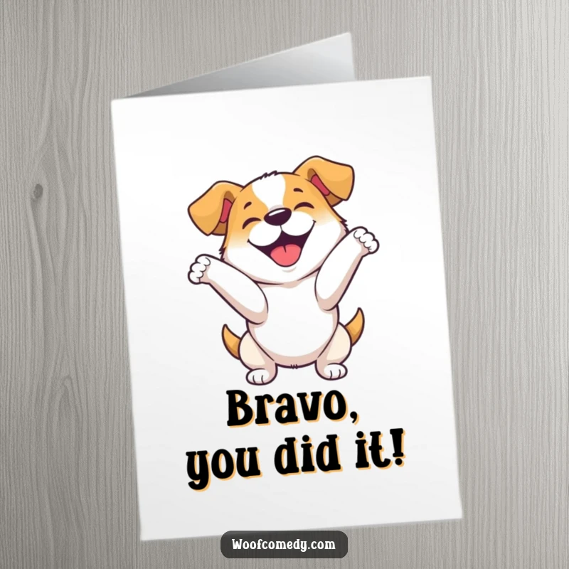 Funny Free Printable Congrats Card: Happy dog doing an enthusiastic bow to celebrate success, downloadable art.