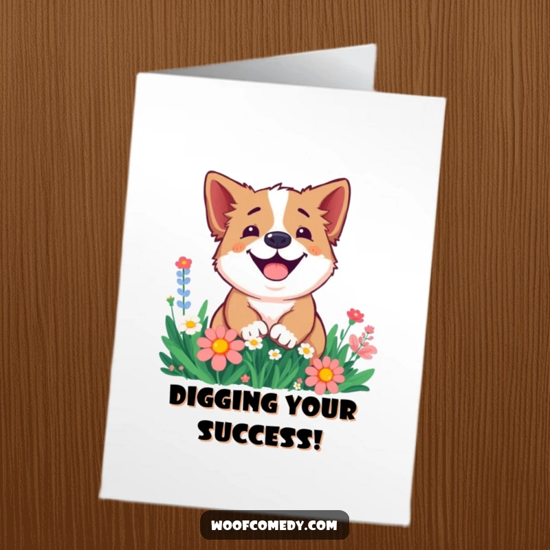 Funny free printable congratulations card showing a smiling dog excitedly digging amongst a vibrant patch of flowers.