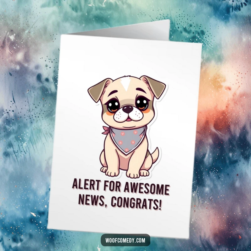 Free Printable Congratulations Card showing a curious kawaii dog in a bandana, looking alert and excited for their success.