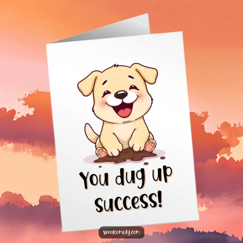 Funny Free Printable Congrats Card: A dog enthusiastically digging a hole, mud flying, celebrating your success with gusto.