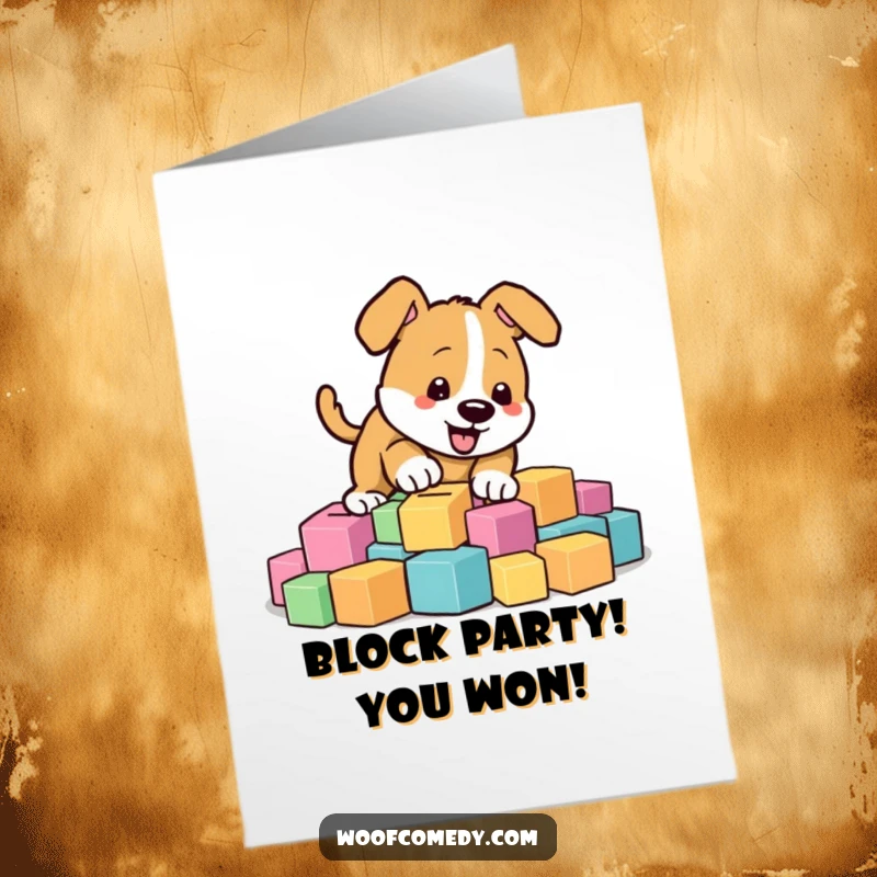 Funny Free Printable congratulations card: An energetic dog with a determined look, happily digging through colorful toy blocks.