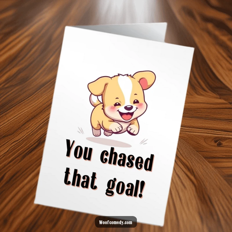 Funny Free Printable Congratulations Card showing a dog in a dizzying loop, chasing its tail with pure excitement.