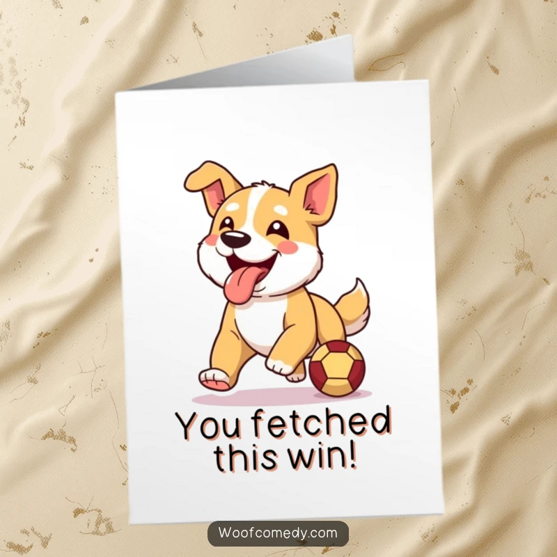 Funny Free Printable Congratulations Card: An ecstatic dog running full speed, mouth open, tongue out, chasing a ball.